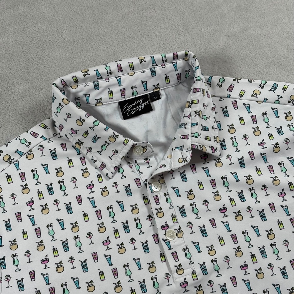 Sunday Swagger Mens Golf Polo Shirt White Tropical Cocktail Drink Print Large